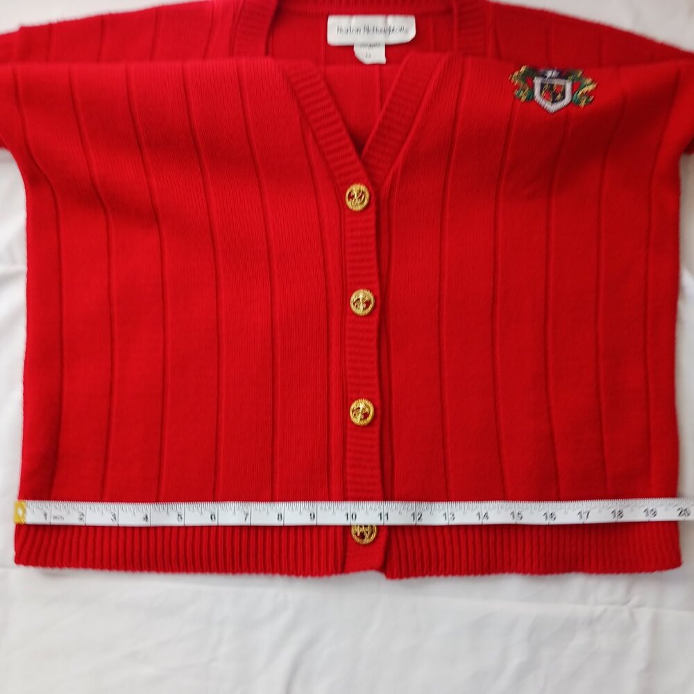 Norton McNaughton, Vintage Red Cardigan W/ Crest, SZ Med. Collegiate, Academia - Picture 13 of 14